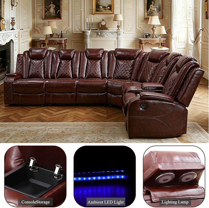 Power Reclining Sectional Sofa for Living Room – Brown Leather Sectional with Recliner, LED Lights, Storage Console & Cup Holders, Comfortable Family Couch