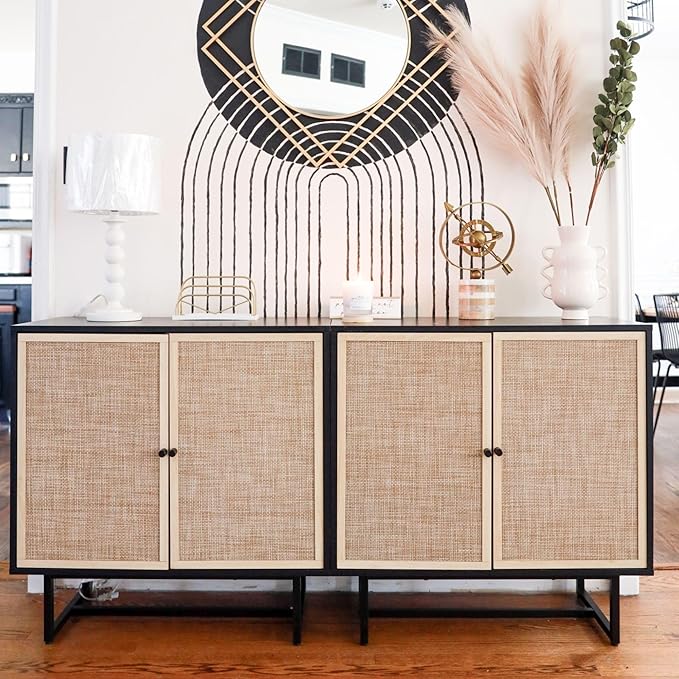 Nathan James Kova Rattan Wood Accent Sideboard Storage Cabinet TV Stand with Matte Metal Frame, Adjustable Shelves and Cane Doors, for Hallway, Entryway or Living Room, Black Oak/Cane, Set of 4