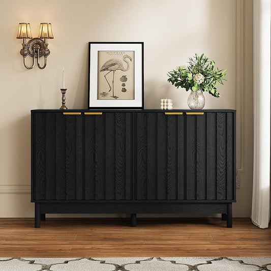 RoyalCraft 55'' Buffet Cabinet with Storage, Fluted Sideboard with Doors and Adjustable Shelves, Wood Credenzas Console Table for Kitchen, Dining Room, Living Room, Black