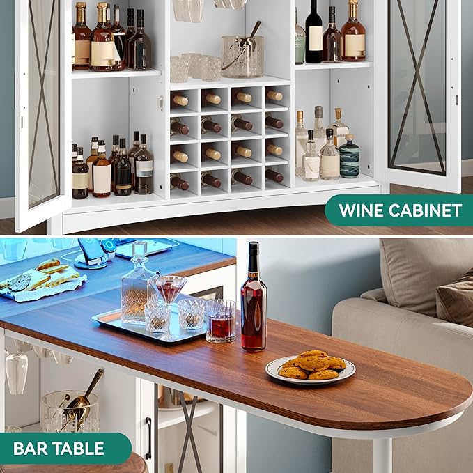 YITAHOME Mini Bar Unit for Home with LED Light & Wine Bar Cabinet, Large Tall Height Bar Table with Wine Rack, Farmhouse Coffee Station with Storage Glasses Hanger for Kitchen Pub, Walnut & White