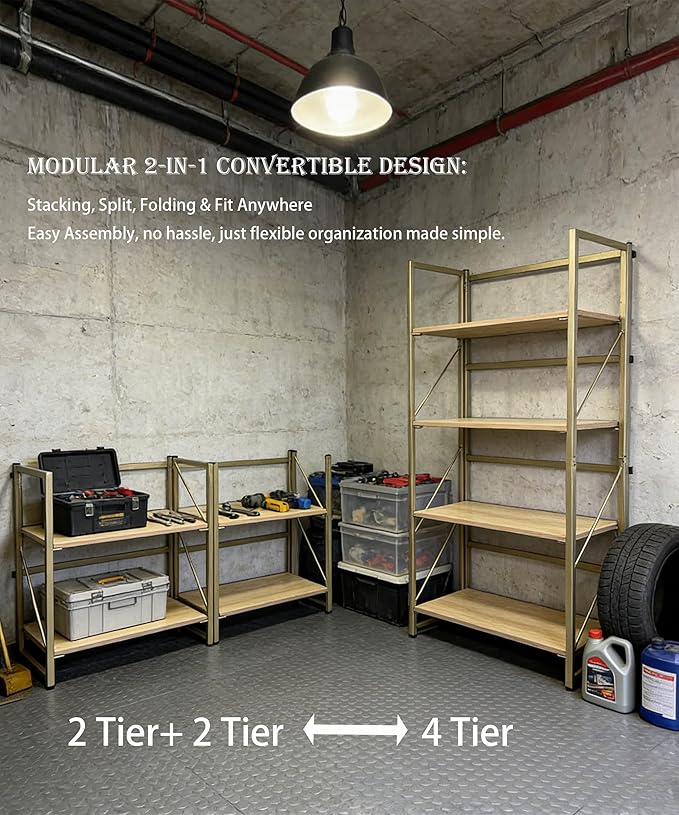 Folding Bookshelf,Multifunctional Foldable Plant Stand Storage Rack Shelves for Home Office, Easy Assembly, 4-Tier,Gold & Nature Wood