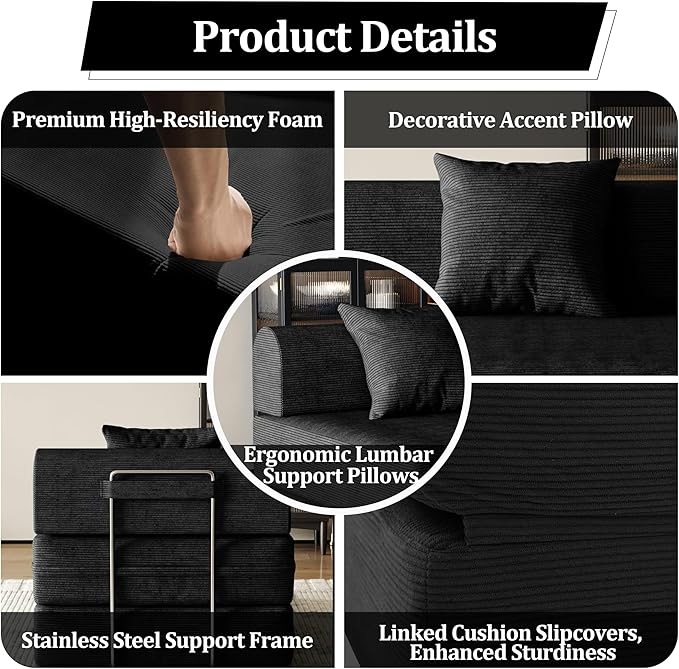 31.5'' Convertible Compressed Corduroy Folding Cloud Sofa Bed, Modern Boneless Pull Out Sleeper Sofa Couch in a Box, 3 in 1 Portable Lazy Floor Lounge Chair, No Assembly Needed, Black, Pillow, Single