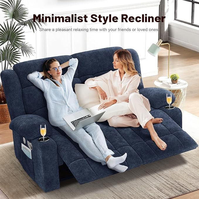 Loveseat Recliner Sofa Set with 2+1+1 Pieces, 2 Seater Minimalist Style Fabric Manual Pull Tab Reclining Loveseat with USB Charge Ports, Cup Holders, Recliner Couches for Living Room, RV, Blue