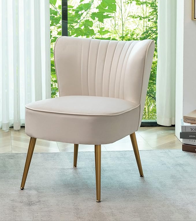 Modern Velvet Accent Chair for Living Room, Bedroom, or Entryway, Stylish and Comfortable Armless Design with Metal Legs, Ivory