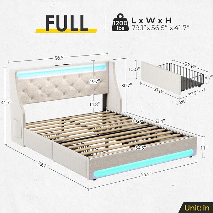 Rolanstar Full Bed Frame with LED Lights and Charging Station, Upholstered Bed with Drawers, Wooden Slats, Noise Free, Easy Assembly, Beige