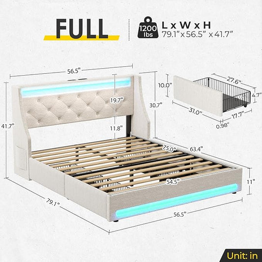 Rolanstar Full Bed Frame with LED Lights and Charging Station, Upholstered Bed with Drawers, Wooden Slats, Noise Free, Easy Assembly, Beige