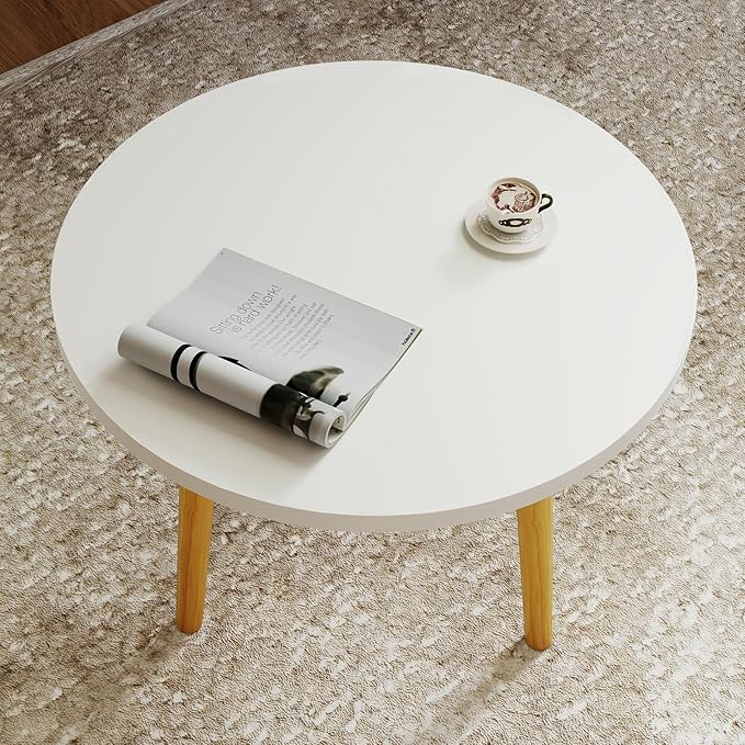 Round Coffee Table Low Table with 3 Solid Wood Sturdy Legs, Floor Table Desk for Sitting on The Floor, Storage and Living Room Furniture (White)