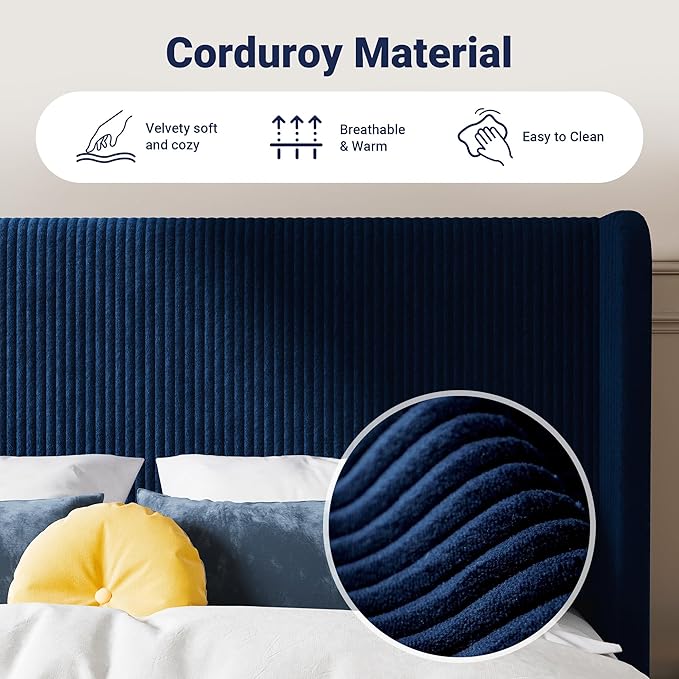 SHA CERLIN King Size Corduroy Upholstered Platform Bed Frame with Vertical Channel Tufted Wingback Headboard, 8" Under Bed Storage, Wooden Slats & Metal Frame Support, Easy Assembly, Dark Blue