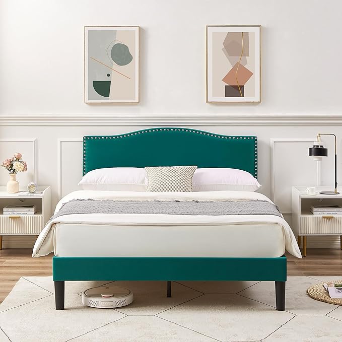 VECELO Queen Bed Frame, Platform Bed Frame with Adjustable Height Upholstered Headboard, Heavy-Duty Frames and Strong Wooden Slats Support, Non-Slip and Noise-Free, Easy Assembly, Dark Green