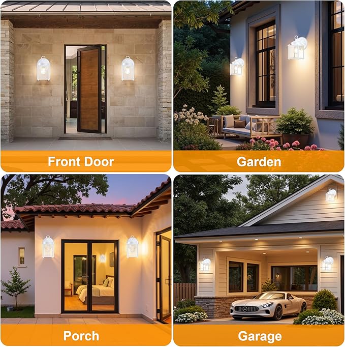 GRUENLICH Outdoor Wall Sconce, Exterior Wall Lighting Fixtures with Clear Glass, Front Porch Lighting, Anti-Rust Outside Lights for Patio, Doorway, White, 2 Pack