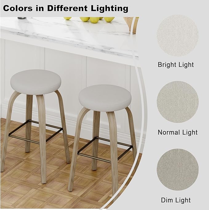 Bar Stools Set of 2, Counter Height Backless Bar Stools, 30" Swivel Barstools Kitchen Chair with Upholstered Fabric Seat, Beige