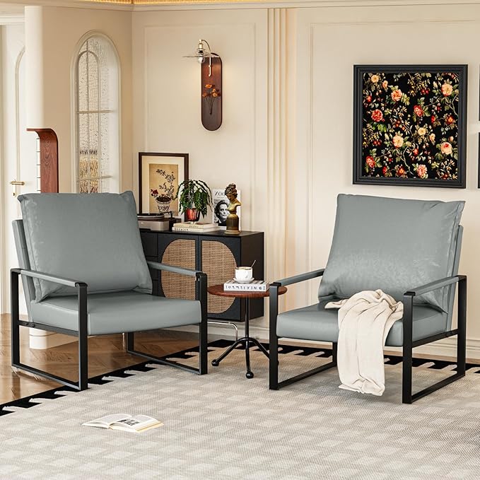 AWQM Modern PU Leather Accent Chair Arm Chair with Extra-Thick Padded Backrest and Seat Cushion Sofa Chairs for Living Room Bedroom, 105 Degree Slant Back, Non-Slip Adsorption Feet-Grey（Set of 1）