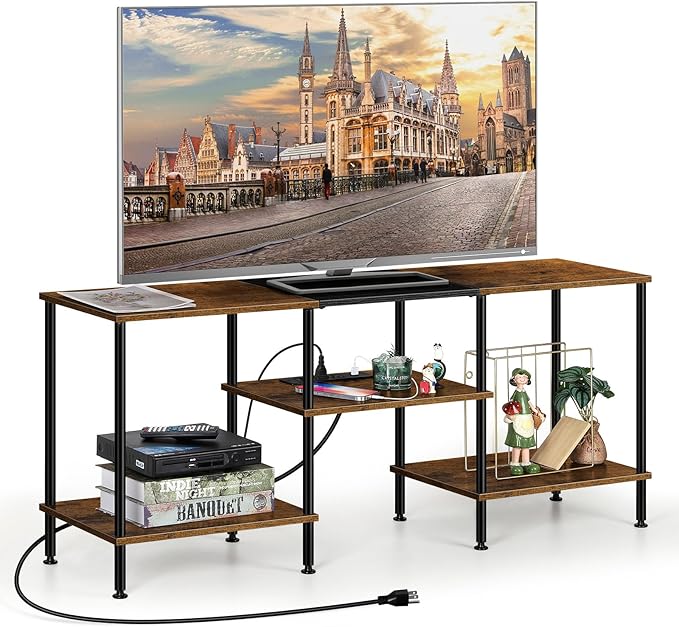 OYEAL Small TV Stand for Bedroom up to 50 inch Farmhouse TV Media Entertainment Center with Power Outlets & Storage Shelf Rustic TV Console Table for Living Room, Rustic Brown