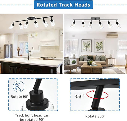 MELUCEE Ceiling Track Lighting Kits 6 Light Bathroom Light Fixtures Wall Mount with Flexibly Rotatable Light Head, Modern Black Spotlights with Clear Glass Shade