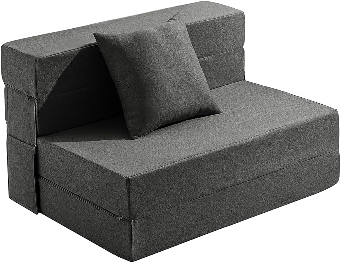 JKMAX Twin Size Folding Sofa Bed - 4 in 1 Sleeper Chair with Pillow - High Density Memory Foam Fold Out Couch - Convertible Folding Bed with Washable Modern Linen Cover for Apartment (Dark Grey)