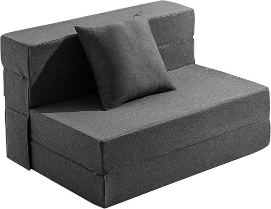 JKMAX Twin Size Folding Sofa Bed - 4 in 1 Sleeper Chair with Pillow - High Density Memory Foam Fold Out Couch - Convertible Folding Bed with Washable Modern Linen Cover for Apartment (Dark Grey)