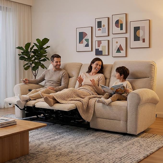 MCombo 87.8" Wall Hugger Power Reclining Sofa, 3-Seat Triple Recliner Couch with USB Ports, Rolled Arm Space Saving Recliner Sofa for Living Rooms Apartments RV, Fabric PR635M5 (Beige) | 1.4" Wall Clearance