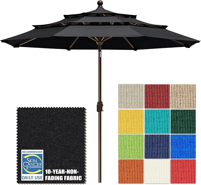 EliteShade USA 10-Year-Non-Fading 10ft 3-Tier Market Patio Umbrella, Commercial Grade Outdoor Table Umbrella with Crank Open, Windproof & UPF 50+ UV Protection, Heavy Duty Ventilation for Garden, Deck, Pool, Backyard, Beach & Bistro, Black