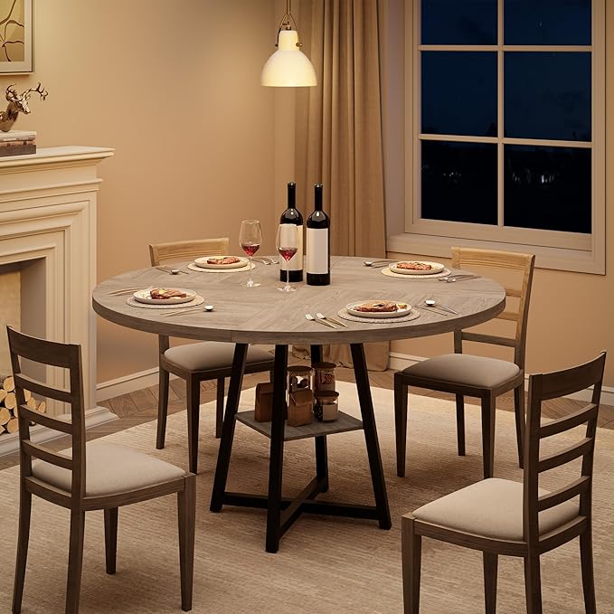 GAOMON 47" Round Dining Table for 4-6 People, Wooden Circle Kitchen Table with Storage Shelf, Industrial Dining Room Table for Kitchen, Dining Room, Save Space
