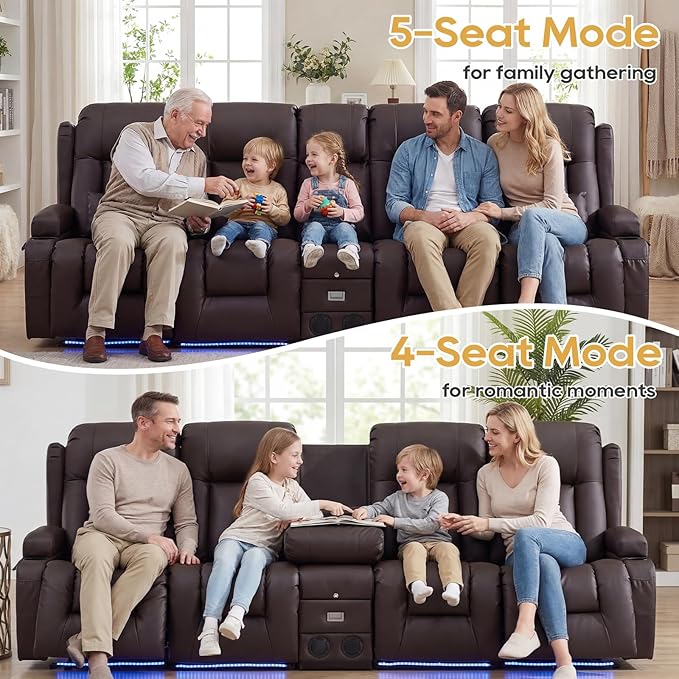 IPKIG Power Recliner Sofa with Flip-Up Backrest Console, USB & USB-C Ports, AC Outlet, LED Lights, Wall Hugger Recliners for Living Room, RV (Brown, 110.9" - 5 Seat) | Faux Leather, Zero Gravity, Dual Reclining, 2 Lumabr Pillow, Bluetooth Speakers