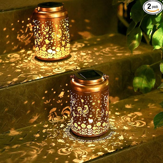 2Pack Chicken Solar Lanterns Outdoor Hanging Waterproof Solar Lights Gifts for Women Mom Grandma Outside LED Light Metal Lantern Decoration for Garden Decor, Porch, Lawn,Yard, Patio,Backyard