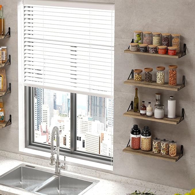 Fixwal Floating Shelves Width 4.7in Rustic Wood Wall Shelves Set of 8, Wall Shelves for Bedroom, Living Room, Kitchen, Bathroom, Office Decor and Plants Display (Carbonized Black)