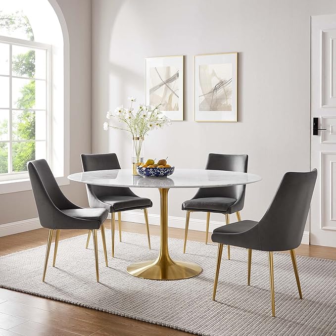 Modway Lippa 60" Mid-Century Dining Table with Round Artificial Marble Top in Gold White