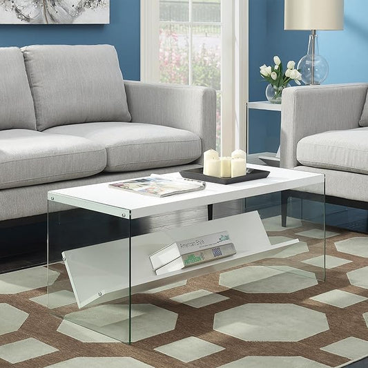 Convenience Concepts SoHo Glass Coffee Table 40" - Modern Living Room Table with Storage Shelf, Contemporary Coffee Table for Family Room, White