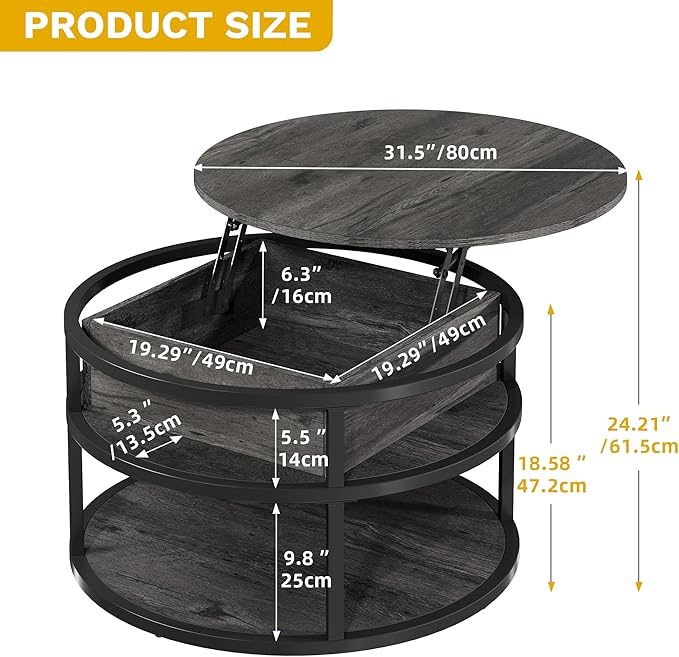 DWVO Round Coffee Tables for Living Room, Lift Top Coffee Table with Storage, Farmhouse Wood Coffee Table, Circle Small Coffee Tables Living Room for Home Decir Office, Grey