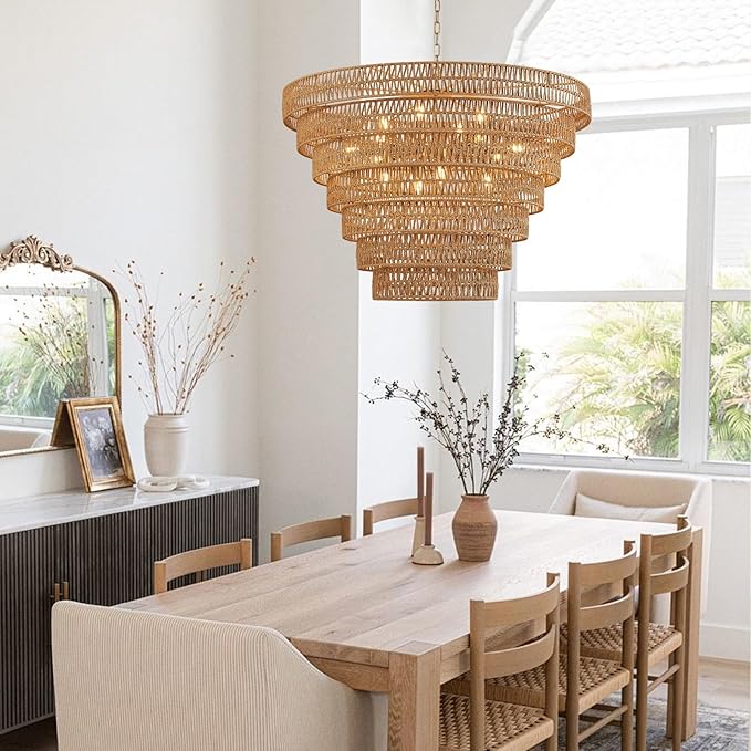 Hand-Woven Rattan Chandelier Vintage Farmhouse 15-Lights Boho Bamboo Large Chandeliers Light Fixture 7-Tier Drum Wicker Chandelier for Dining Room, Living Room, Kitchen, E12
