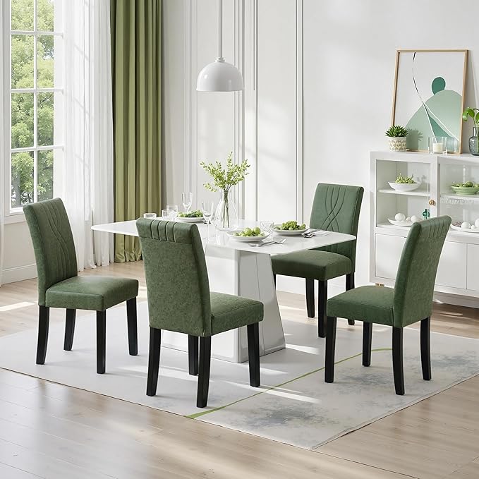 VECELO Upholstered Dining Chairs Set of 6, Modern PU Leather and Solid Wood Legs & High Back for Kitchen/Living Room- Green