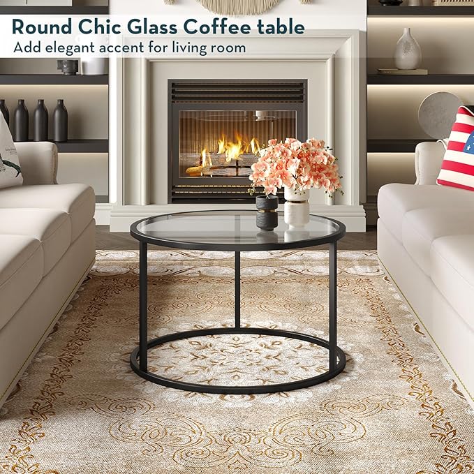 SAYGOER Small Glass Coffee Table Round Coffee Tables 27.6In Modern Tempered Glass-Top Accent Center Table for Living Room Home Office Small Space Easy Assembly