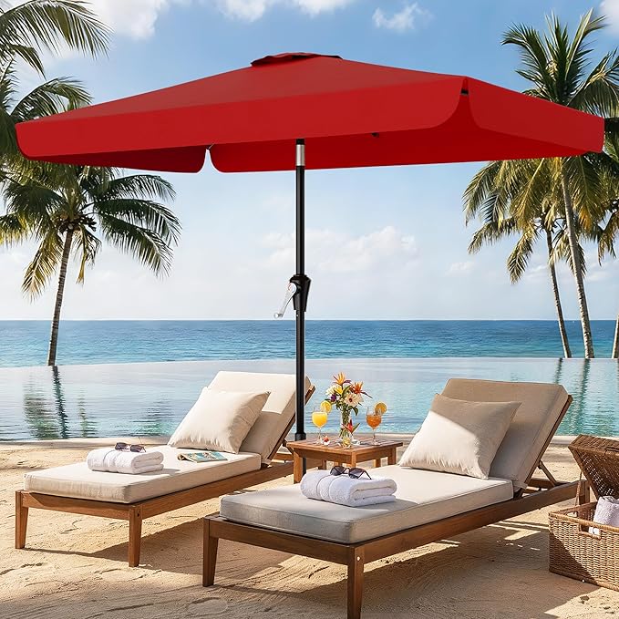 AreShark 6.5 x 10 FT Rectangular Valance Patio Umbrella, Outdoor Umbrella with Tilt and Crank, Market Table Umbrellas W/ 6 Ribs UV Protection for Garden, Deck, Backyard and Pool, Red