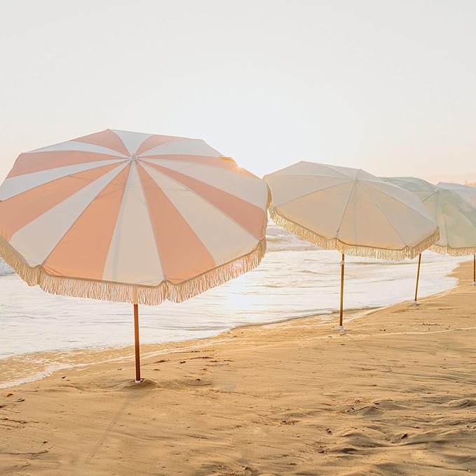 BEACH STATE Summerland 6.5 Feet Beach Umbrella with Fringe - Patio Umbrella - Outdoor Umbrella - UV50+ Sun Protection