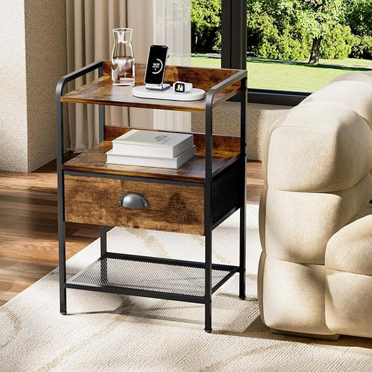 Night Stand with 1 Fabric Drawer and Sturdy Metal Frame, Modern Side Table Lightweight & Durable -55LB Load Capacity, Wear-Resistant & Easy-Clean Surface, Rustic Brown