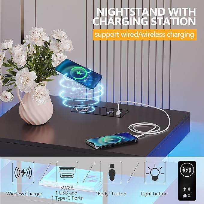 dnbss Nightstand with Charging Station and LED Light, Modern Night Stand with 2 Drawers, Smart Nightstand with USB Ports and Wireless Charger, Bedside Table for Bedroom (Black)