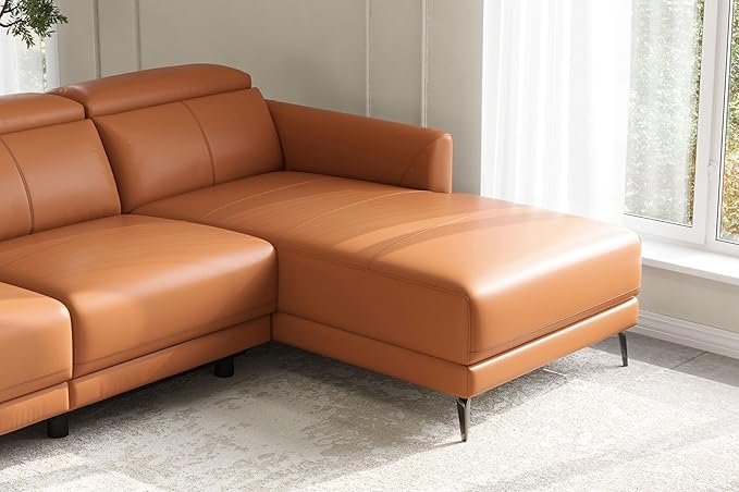 Valencia Andria Reclining Sectional Leather Sofa Right-Facing 99.5" | Italian Nappa 11000 Top-Grain Leather Reclining Sofa | Electric Power Recliner | Stainless Steel Leg, Cognac