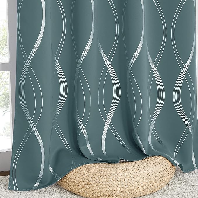NICETOWN Blackout Curtains Panels for Living Room, Greyish Blue, 52" Wide x 84" Long, 2 Panels, Sound Reducing Thermal Insulated Wave Line Foil Print Design Curtains for Patio Sliding Glass Door