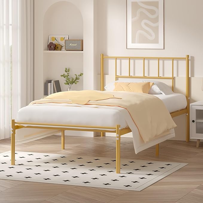VECELO Twin Metal Platform Bed Frame with Headboard, Heavy Duty Steel Slat Support, Under Bed Storage,No Box Spring Needed, Easy Assembly