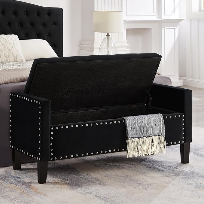 Velvet Storage Ottoman with Armrests, Upholstered Button Tufted Entryway Bench with Nails Trim for Bedroom End of Bed, Living Room,Black