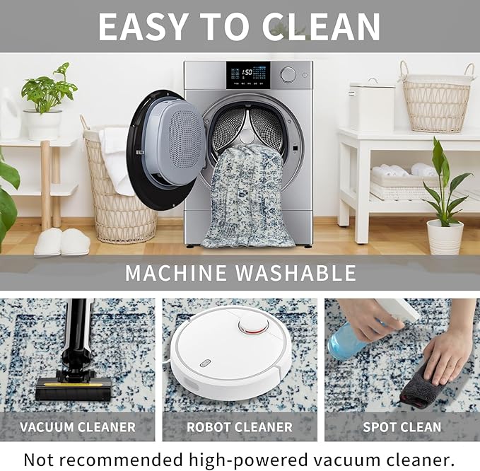 Easy-Going Area Rug 5x7 Washable Boho Rugs for Living Room Non-Slip Bedroom Rug Low Pile Lightweight Floral Print Vintage Throw Rug for Dining Room Kitchen Home Office Carpet, Blue Cream