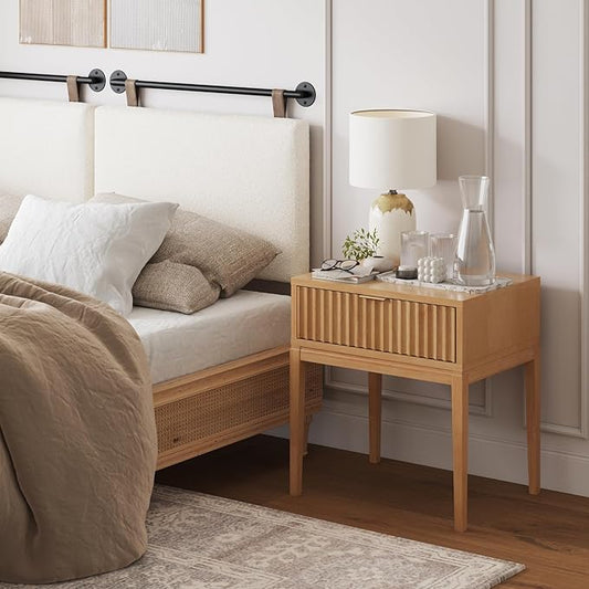 Nathan James Jasper Mid-Century Modern Nighstand, Side Table with Storage and Fluted Drawer Doors with Brass Handles, Natural Brown