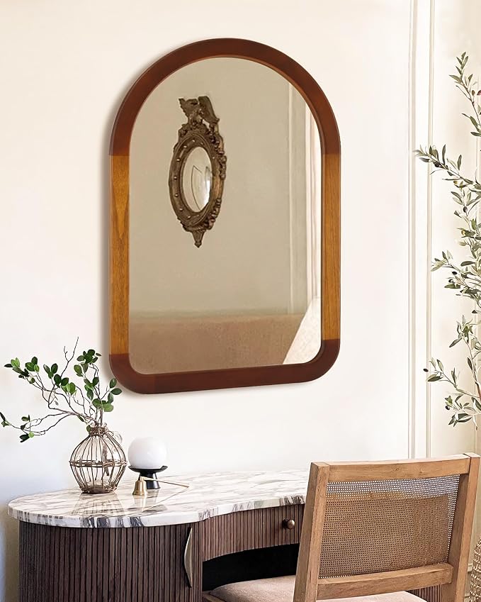Arched Mirror 24 x 36 Inch,Brown Wood Rustic Bathroom Tempered Wall Mirror with Wood Frame,Round Corner Arch Farmhouse Wooden Vanity Mirror for Living Room,Entryway or Bedroom（Walnut Brown）