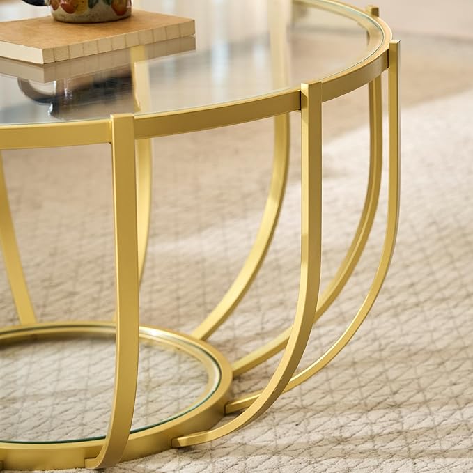 Saint Mossi Gold Drum Coffee Table for Living Room, Modern 2-Tier Glass Round Center Table, Clear Glass Top, Glass Shelf with Gold Finish Legs & Frame, W30xH16.5