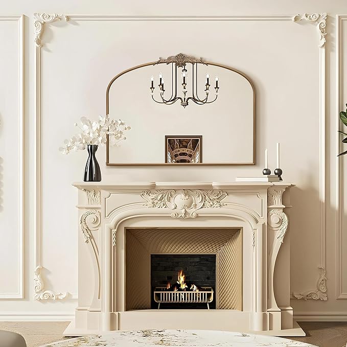 Besdomus Vintage Arched Gold Mirror: 40"x29" Large Matt Gold Antique Wall Mounted Mirror - Baroque Traditional Ornate for Entryway/Fireplace/Bathroom/Hallway - Home Decor for Fashion Women