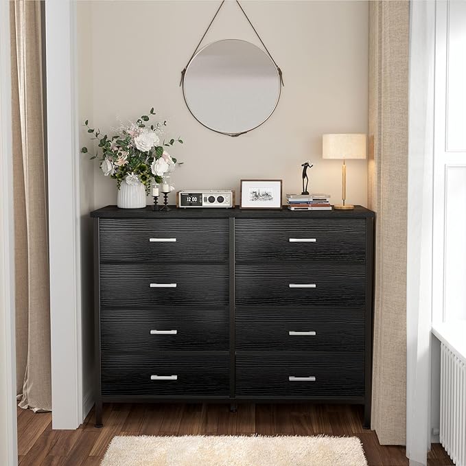 BOLUO Black Dresser for Bedroom 8 Drawer, Wide Dresser TV Stand for 50" TV Dressers & Chests of Drawers Fabric Dresser for Closet Modern