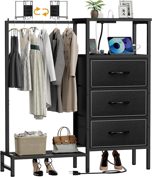 Dresser for Bedroom with Hanging Rack, 3 Drawers Closet with Charging Station, Faric Chest of Drawers with Clothes Rack, Storage Organzier for Hallway Entryway, Black
