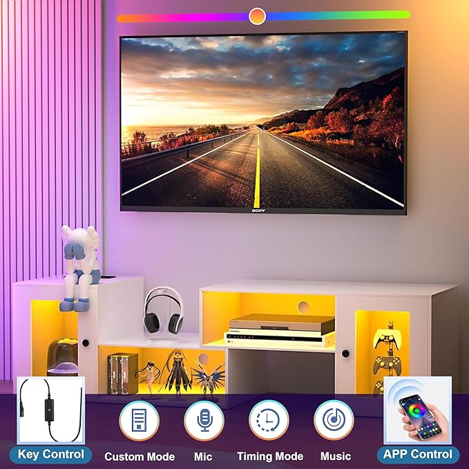 VECELO Deformable LED TV Stand with Power Outlets for 55/60/65/70 Inch Televisions, Gaming Entertainment Center with Cabinet for Living Room Bedroom, 4 AC Outlets & 2 USB-A Ports