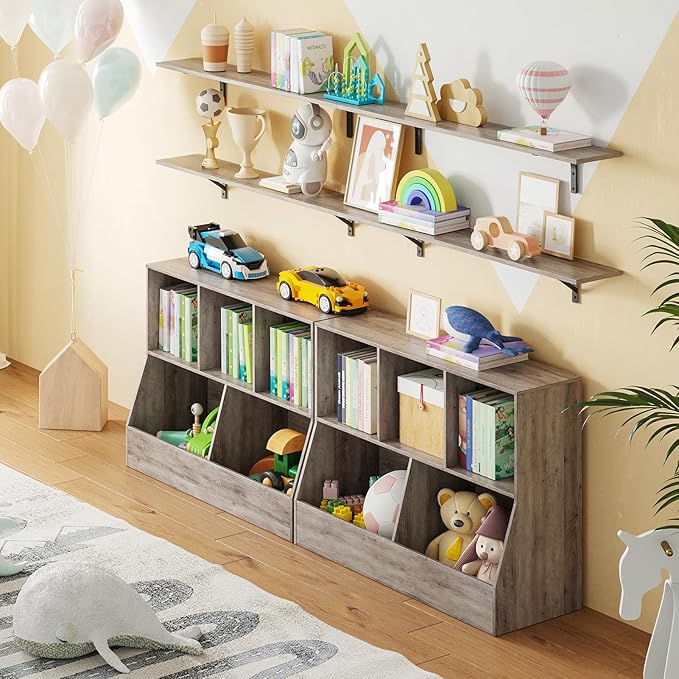 DINZI LVJ Toy Storage Organizer, Kids Bookshelf, Wood Toy Storage Cabinet, 5 Cubby Children Bookcase, 39.4" L Toddler Book Shelf for Playroom, Living Room, Nursery, Hallway, School, Greige