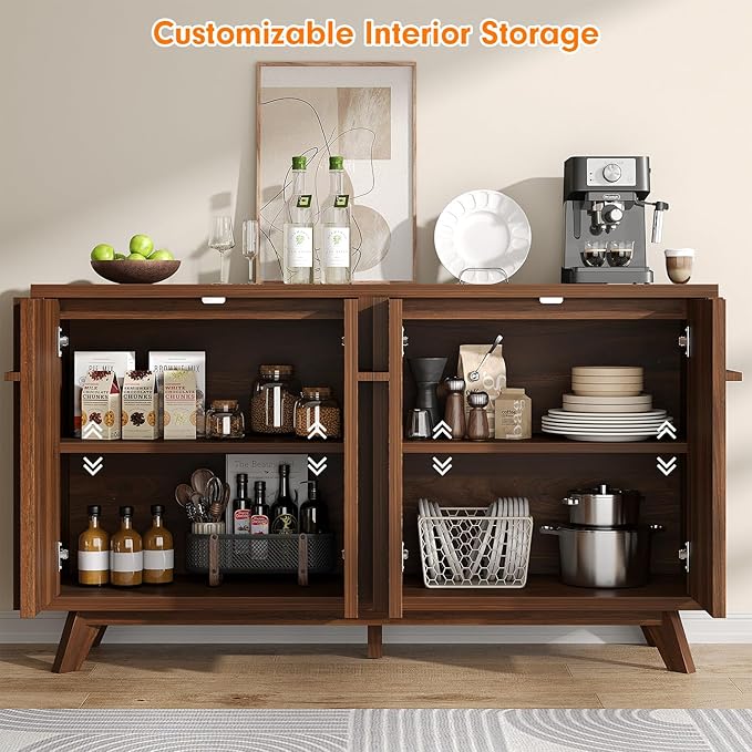 Sideboard Buffet Cabinet with Storage, 59" Modern Credenza with 4 Doors & Adjustable Shelves, Wood Console Cabinet for Living Room Kitchen Dining Room Hallway (Walnut)